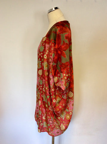 THE REMEDI RED,GREEN & PINK SHADES FLORAL PRINT SILK TUNIC TOP ONE SIZE