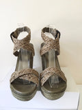 STUART WEITZMAN KHAKI TEXTILE WEAVE & LEATHER WEDGE HEEL SANDALS SIZE 7/40