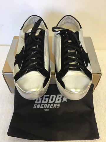 BRAND NEW GOLDEN GOOSE SUPERSTAR SILVER METALLIC & BLACK SUEDE TRIM TRAINERS SIZE 7.5/41 BUT FIT UK 7