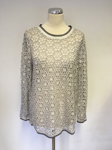 MARCCAIN LIGHT GREY OPEN CROCHET DESIGN LONG SLEEVE TOP SIZE N4 UK 12/16