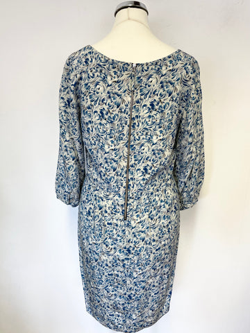 DRESS GALLERY DAPHNE BLUE PRINT SILK 3/4 SLEEVE PENCIL DRESS SIZE 2 UK 10
