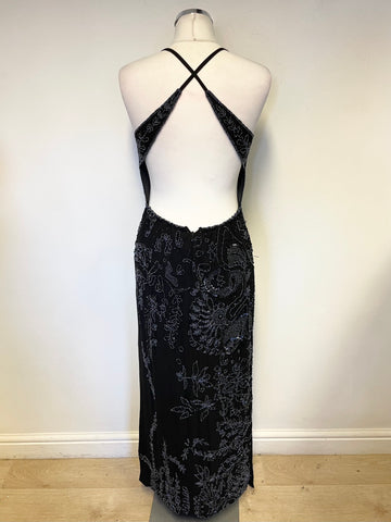 KALEIDOSCOPE BLACK EMBROIDERED & BEADED LONG EVENING DRESS SIZE 14