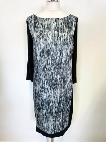 DAMSEL IN A DRESS BLACK WITH GREEN & WHITE PRINT 3/4 SLEEVE SHIFT DRESS SIZE 12