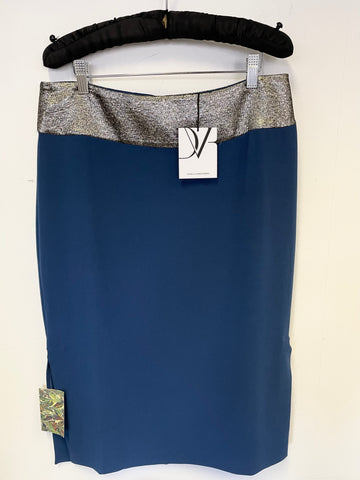 BRAND NEW DIANE VON FURSTENBERG ELVINA SILVER & LIQUID BLUE PENCIL SKIRT SIZE 12 UK 14