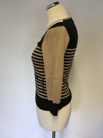 HOBBS CAMEL & BLACK STRIPE FINE KNIT JUMPER SIZE 8