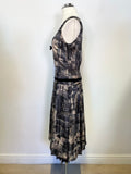 WHISTLES BLACK,GREY & BEIGE PRINT SILK FIT & FLARE SLEEVELESS DRESS SIZE 8