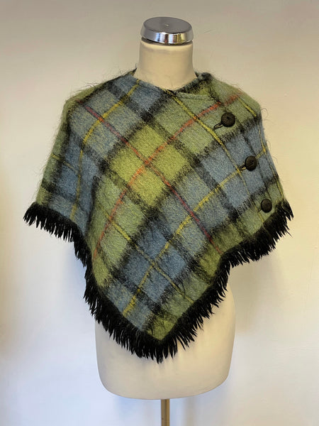 VINTAGE ANDREW STEWART BLUE & GREEN CHECK MOHAIR & WOOL SHORT CAPE/PONCHO SIZE S/M