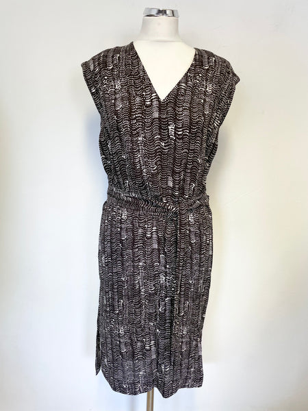 BRAND NEW JIGSAW BROWN & IVORY PRINT SLEEVELESS BELTED SHIFT DRESS SIZE 8