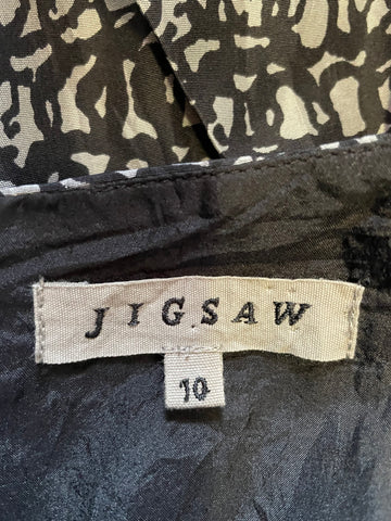 JIGSAW BLACK & GREY PRINT SLEEVELESS SILK  DRESS SIZE 10