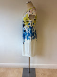 HOBBS INVITATION WHITE,BLUE & LIME PRINT COTTON DRESS SIZE 14