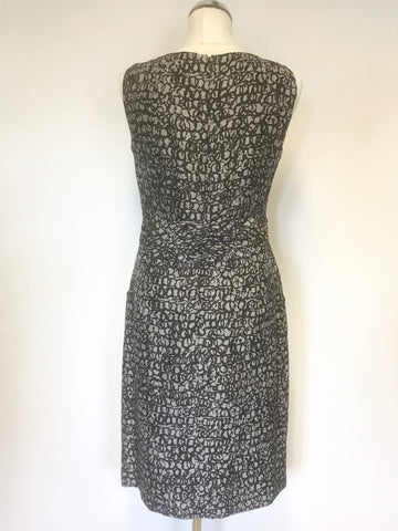 JIGSAW BLACK & GREY PRINT SILK SLEEVELESS PENCIL DRESS SIZE 10
