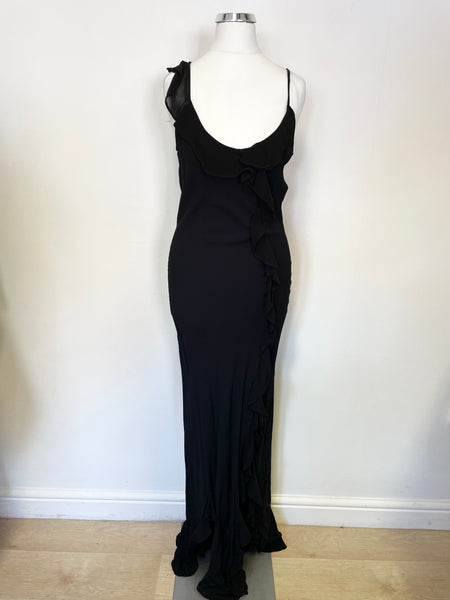 GHOST BLACK STRAPPY BIAS CUT FRILL TRIM LONG DRESS SIZE P UK XS/S