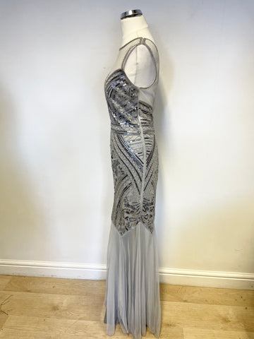 IZABEL LONDON PALE GREY & SILVER BEADED & SEQUINNED NET TRIM LONG EVENING DRESS SIZE 8