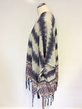 RINO & PELLE BLUE,IVORY & RED PRINT BEADED FRINGED OVER TOP ONE SIZE