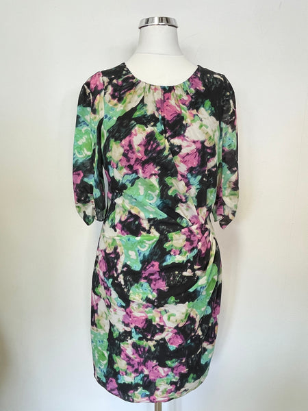 WHISTLES MULTI COLOURED PRINT SILK SHORT SLEEVE PENCIL DRESS SIZE 10