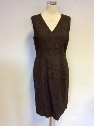 HOBBS BROWN LINEN V NECK PENCIL DRESS SIZE 12