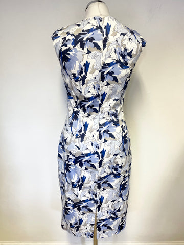 LK BENNETT DENA BLUE,WHITE & GREY PRINT SLEEVELESS PENCIL DRESS SIZE 10