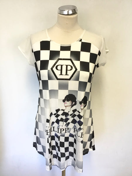 BRAND NEW PHILIPP PLEIN ART BLACK & WHITE CHECK CAP SLEEVE TUNIC TOP SIZE  S/M