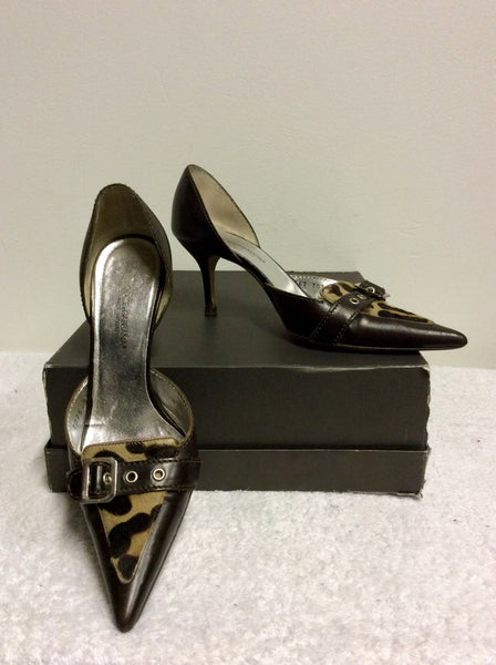 DOLCE & GABBANA DARK BROWN LEATHER & LEOPARD PRINT PONYSKIN HEELS SIZE 3.5/36