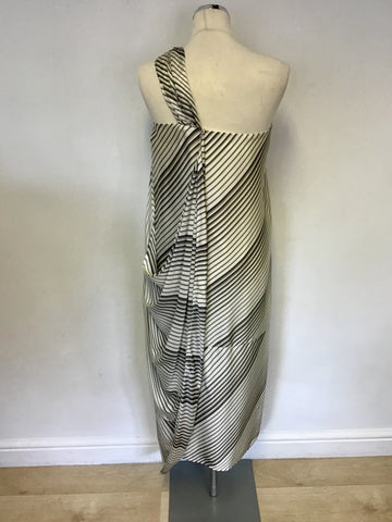 REISS IVORY & GREEN STRIPE SILK ONE SHOULDER DRAPE DRESS SIZE 8