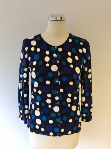 HOBBS BLACK, WHITE,BLUE & TURQOUISE SPOT COTTON CARDIGAN SIZE 12