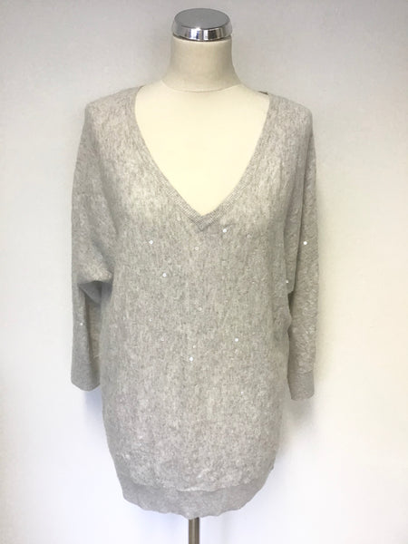 HOBBS LIGHT GREY SEQUINNED V NECK 3/4 SLEEVE JUMPER SIZE M