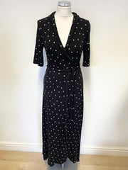 BODEN BLACK & CREAM SPOT SHORT SLEEVED WRAP MIDI DRESS SIZE 10