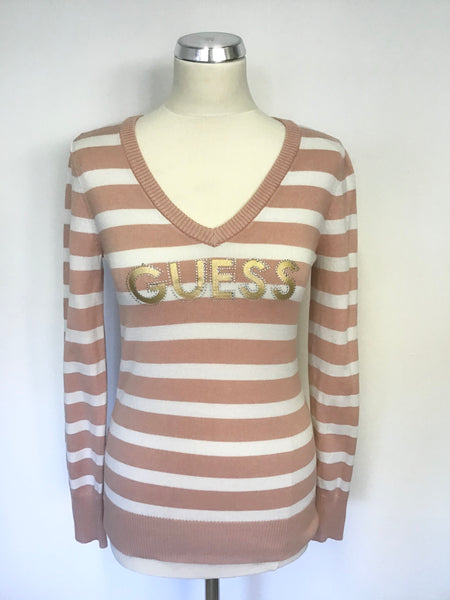 GUESS PINK & IVORY STRIPE DIAMANTÉ & GOLD LOGO TRIM LONG SLEEVE JUMPER SIZE S