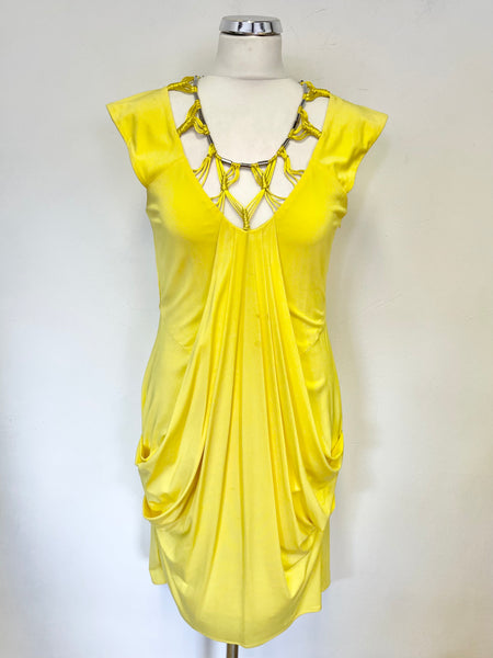 KAREN MILLEN YELLOW SLEEVELESS EMBELLISHED NECKLINE  DRAPED FRONT PENCIL DRESS SIZE 12