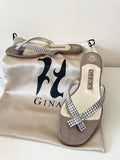 GINA PEWTER MIST FLAT DIAMANTÉ LEATHER THONG SANDALS SIZE UK 5.5/ 38.5