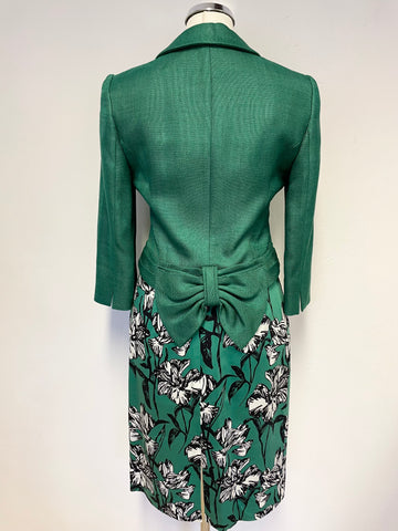 HOBBS INVITATION EMERALD GREEN FLORAL DRESS & BOW TRIM JACKET SUIT SIZE 8