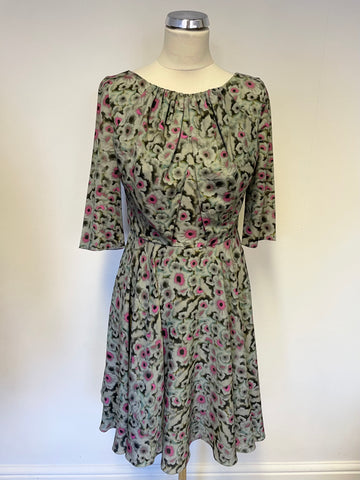 ERDEM GREEN,GREY & PINK FLORAL PRINT SILK HALF SLEEVE FIT & FLARE DRESS SIZE 12