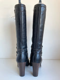 RIVER ISLAND BLACK LEATHER & GOLD TRIM HEELED BOOTS SIZE 7/40