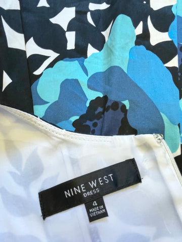NINE WEST BLACK, WHITE  & TURQUOISE FLORAL PRINT SLEEVELESS FIT & FLARE DRESS Size 4 UK 8