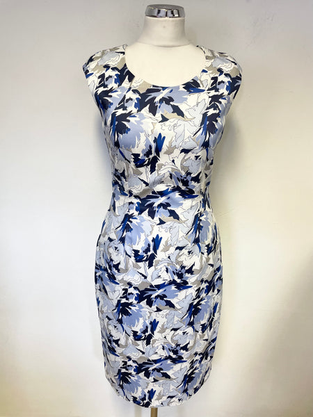 LK BENNETT DENA BLUE,WHITE & GREY PRINT SLEEVELESS PENCIL DRESS SIZE 10