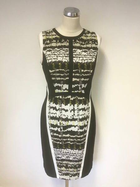 COAST BLACK,WHITE & YELLOW PATTERN PANELLED PENCIL DRESS SIZE 10