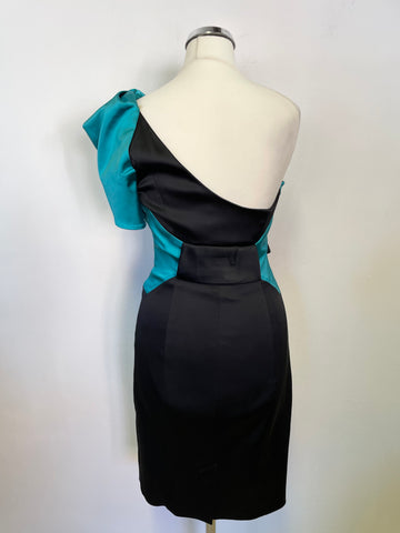 KAREN MILLEN BLACK & TURQUOISE ONE SHOULDER SPECIAL OCCASION DRESS SIZE 10
