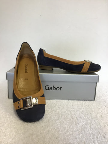 BRAND NEW GABOR NAVY BLUE SUEDE & TAN LEATHER TRIM FLAT PUMPS SIZE 4.5/37.5