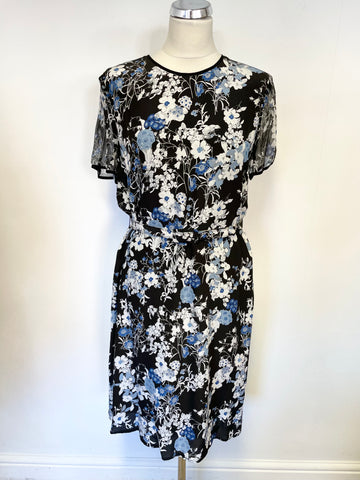 BRAND NEW ERDEM BLACK,BLUE & WHITE FLORAL PRINT SHORT SLEEVE SILK TEA DRESS SIZE 12