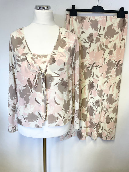 GINA BACCONI CREAM,BROWN & PINK FLORAL PRINT 3 PIECE SPECIAL OCCASION OUTFIT SIZE 14