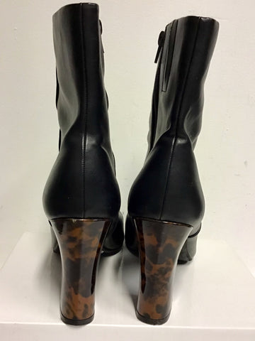 MARKS & SPENCER BLACK LEATHER & BROWN TORTOISE HEEL ANKLE BOOTS SIZE 7.5/40.5
