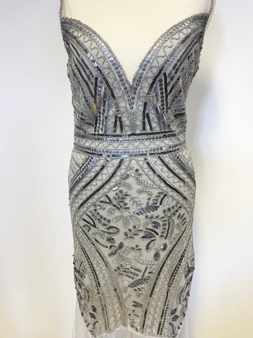 IZABEL LONDON PALE GREY & SILVER BEADED & SEQUINNED NET TRIM LONG EVENING DRESS SIZE 8