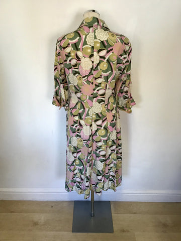LAURA ASHLEY PINK,WHITE & BROWN FLORAL SILK DRESS SIZE 14