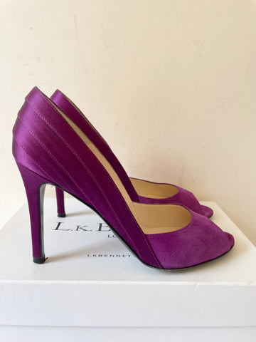 LK BENNETT SUITE BERRY SUEDE & SATIN PEEP TOE SPECIAL OCCASION HEELS SIZE 7/40