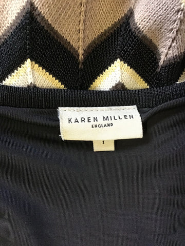KAREN MILLEN BROWN, BLACK & CREAM ZIG ZAG KNIT DRESS SIZE 1 UK 8/10