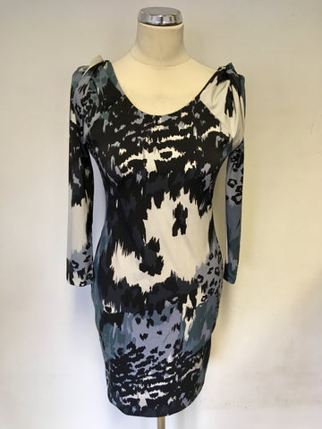 REISS 1971 VENUS GREY,BLACK & WHITE PRINT 3/4 SLEEVE MINI DRESS SIZE M
