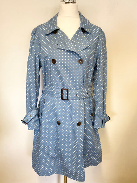 BRAND NEW CATH KIDSTON BLUE & WHITE SPOT TEFLON COATED COTTON BELTED TRENCH COAT/ MAC SIZE L
