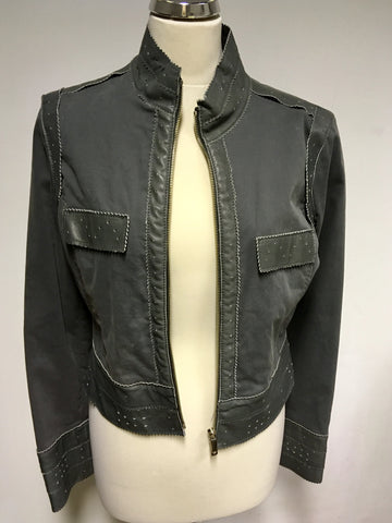 BRAND NEW EMPORIO ARMANI GREY COTTON & LEATHER TRIM ZIP UP JACKET SIZE 44 UK 12