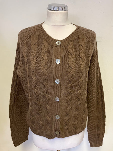 PURE COLLECTION BROWN CASHMERE & WOOL BLEND CABLE KNIT CARDIGAN  SIZE 14