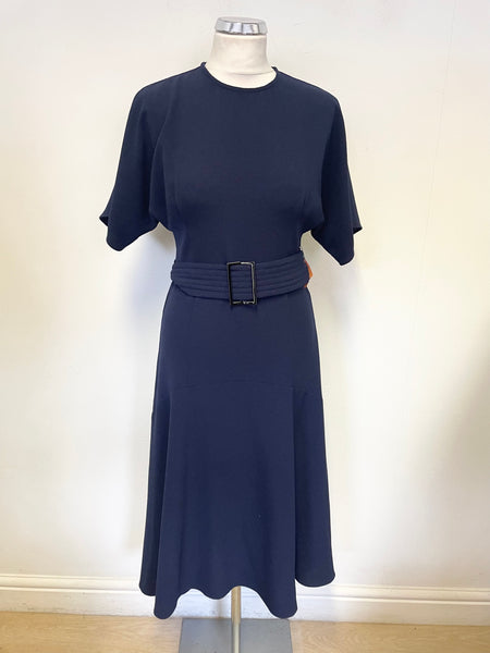 WHISTLES NAVY BLUE SHORT SLEEVED BELTED FIT & FLARE DRESS SIZE 8